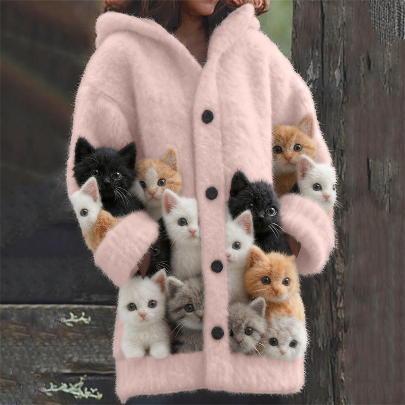 Comstylish Lovely Fuzzy Cats Cozy Knit Hooded Cardigan