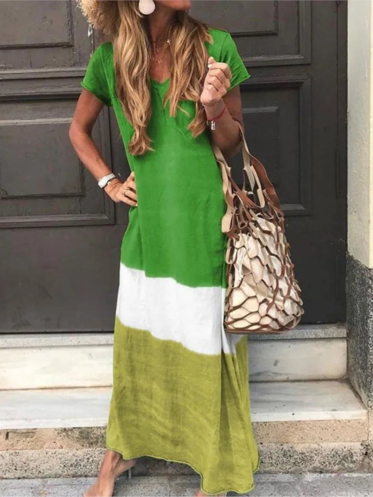 Loose Contrasting Colors Long Dresses Summer V-neck Short Sleeves Maxi Dress Female Commuting Vestidos New