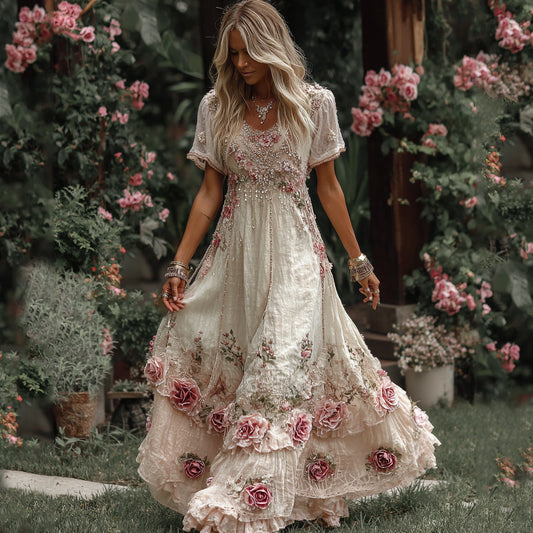 Women's Vintage Rose Embroidery Art Round Neck Short Sleeve Maxi Dress artswardrobe