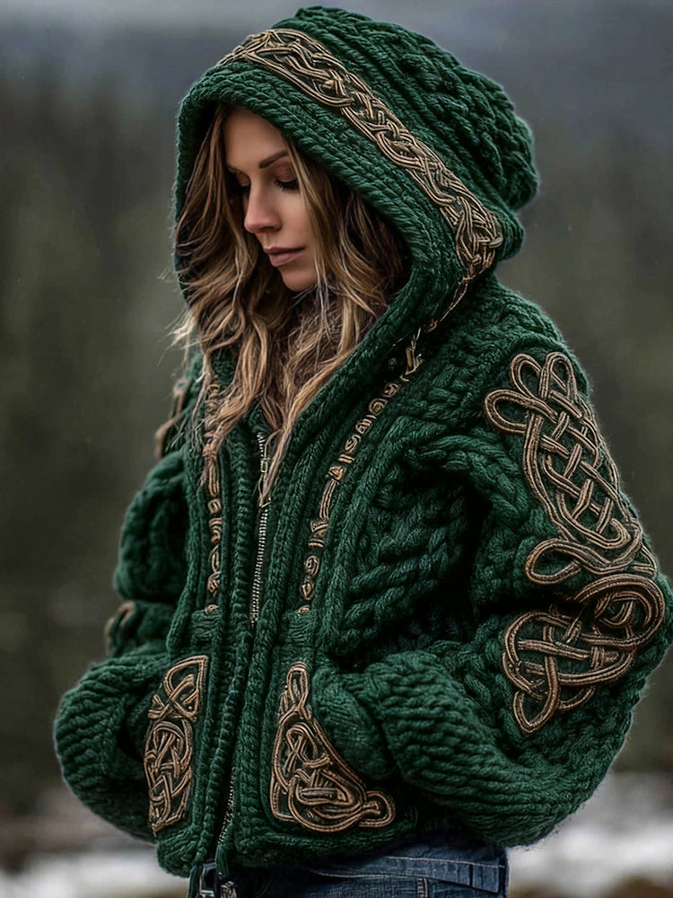 Cotton Hoodie with Celtic Embroidery and Drawstring