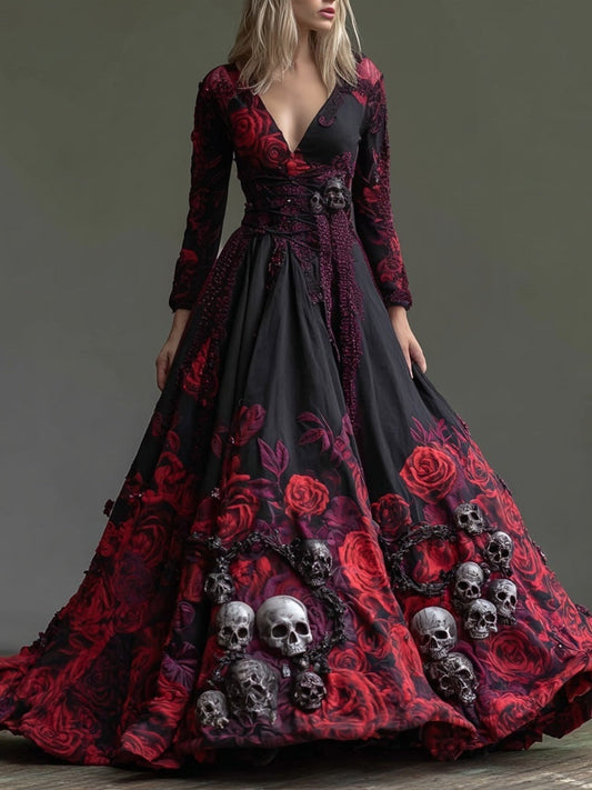 Comstylish Vintage Gothic Roses & Skulls Embroidered Flowy Maxi Dress