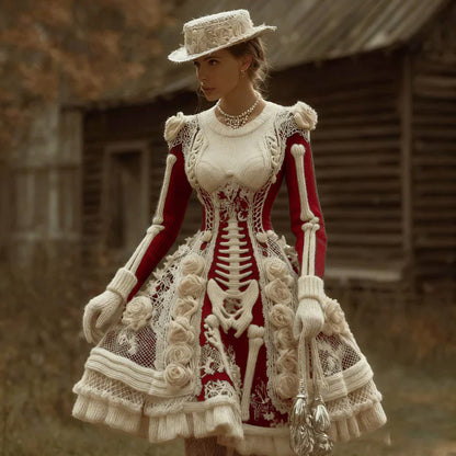 Comstylish Women's Halloween Skeleton And Rose V-neck Dress
