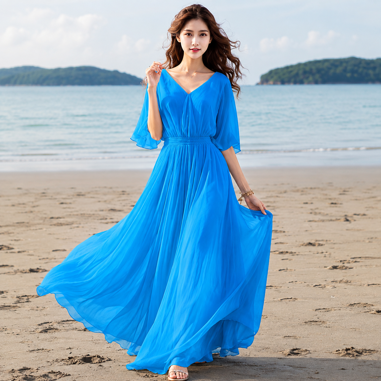 Stylish Blue V Neck Draping Chiffon Maxi Dresses Summer