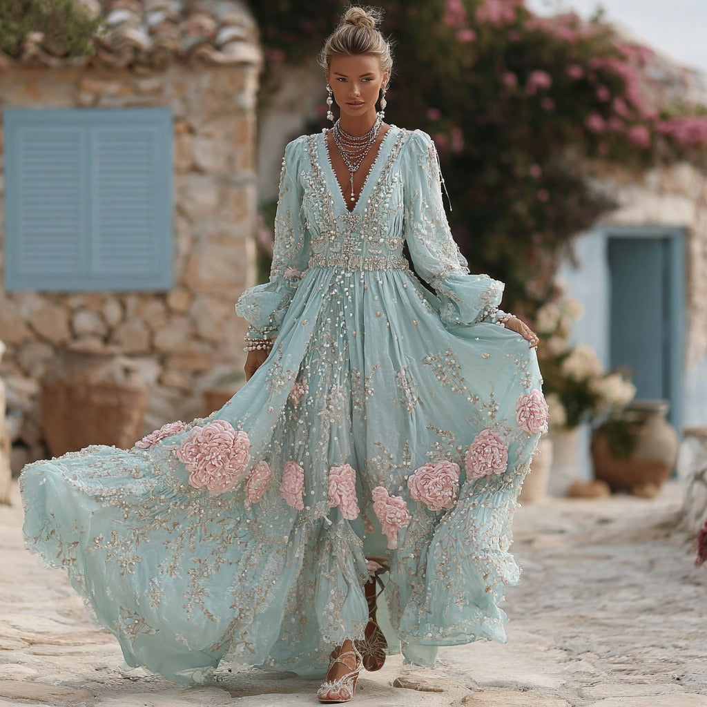 Comstylish Women's Vintage Bohemian Floral Embroidered Casual Long Sleeve Dress