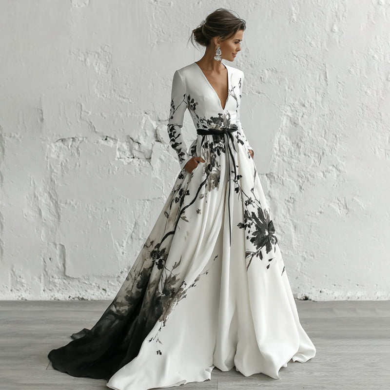 Women's Ink Wash Painting Art V-neck Long Sleeve Maxi Dress