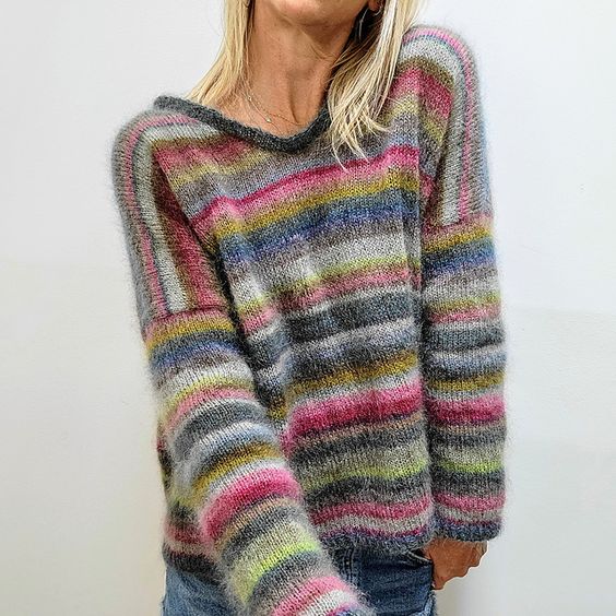 Cotton Sweater with Rainbow Ombre Stripes and Relaxed Fit