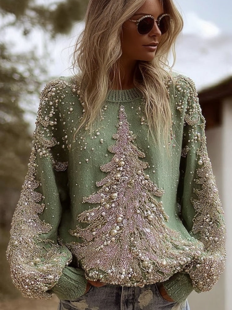 Cotton Sweater with Pearl Pine Tree