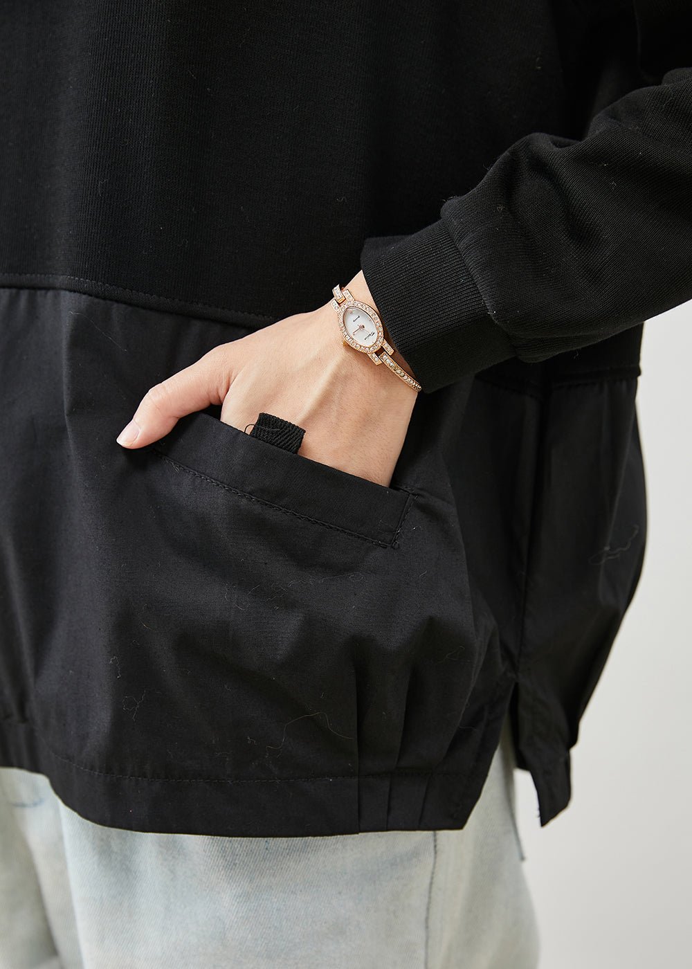 Black Patchwork Cotton Sweatshirt Oversized Spring