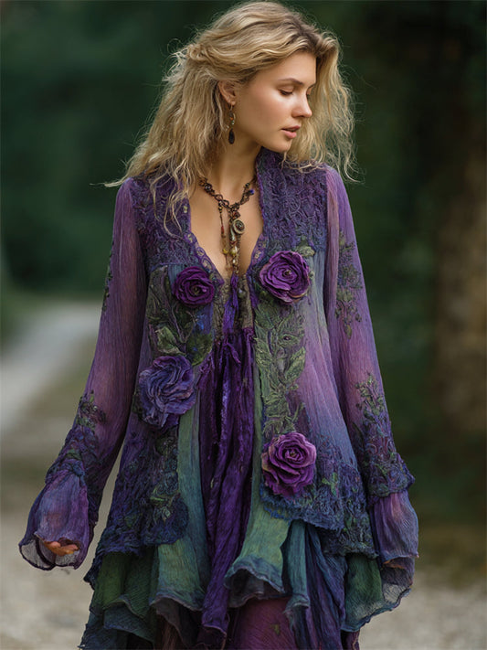 Vintage Purple Roses Fiber Art Gradient Flowy Linen Shirt artswardrobe