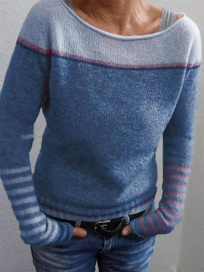 Cotton Pullover with Tonal Purple Colorblock and Striped Cuff Details