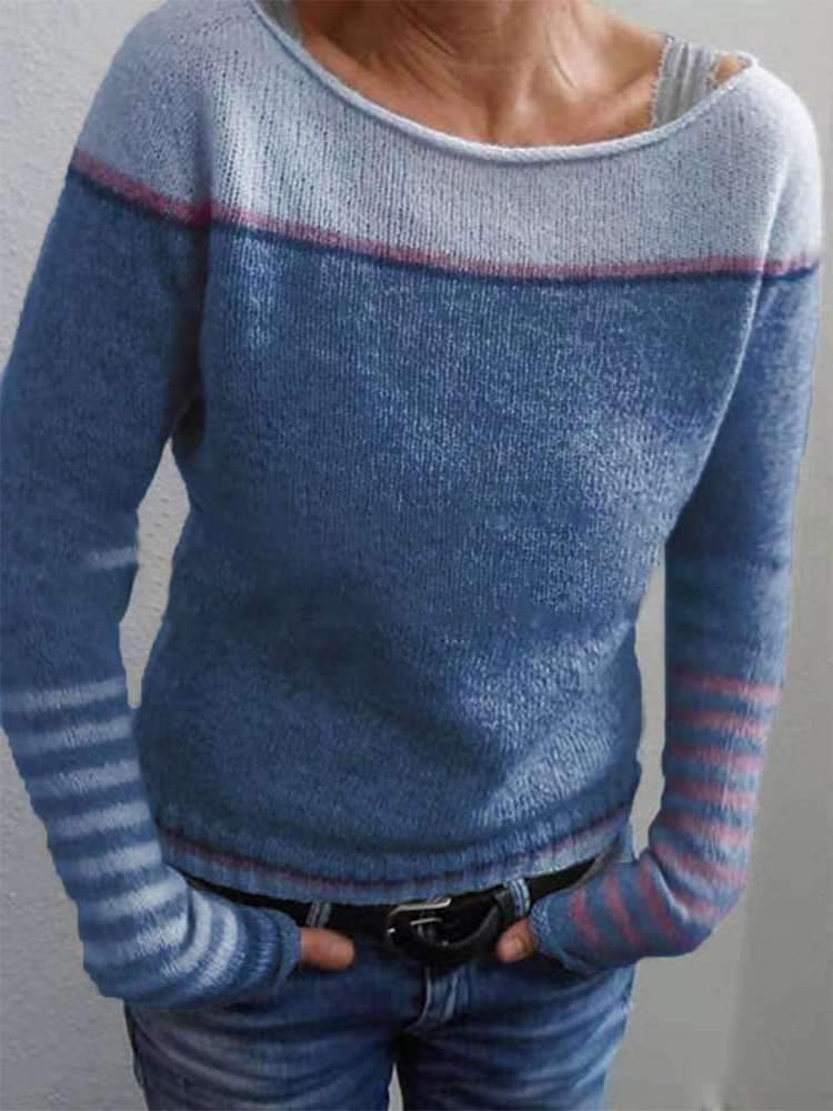 Cotton Pullover with Tonal Purple Colorblock and Striped Cuff Details