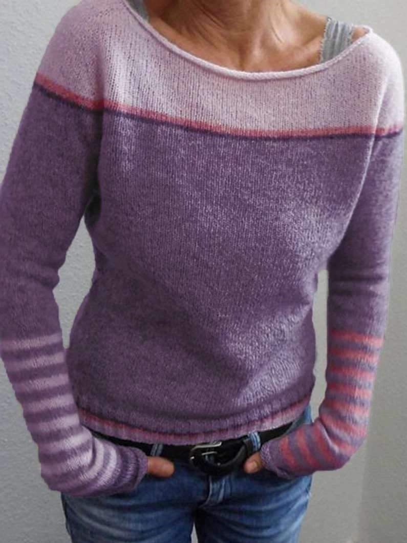 Cotton Pullover with Tonal Purple Colorblock and Striped Cuff Details