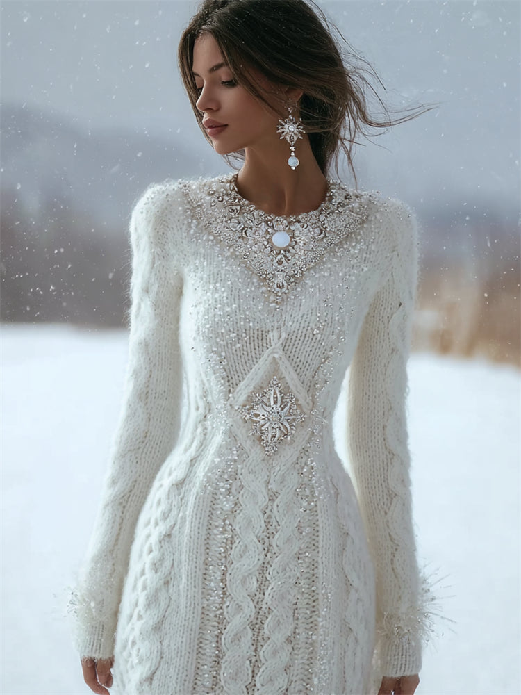 Cotton Blend Sweater with Crystal Beaded Neckline and Ornate Cable Knit