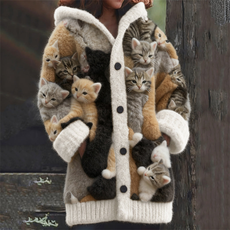 Comstylish Lovely Crowded Cats Felt Art Cozy Hooded Cardigan