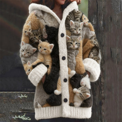 Comstylish Lovely Crowded Cats Felt Art Cozy Hooded Cardigan