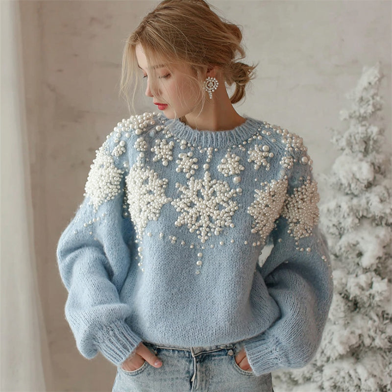 Wool Pullover with Pearl Beaded Snowflake Design