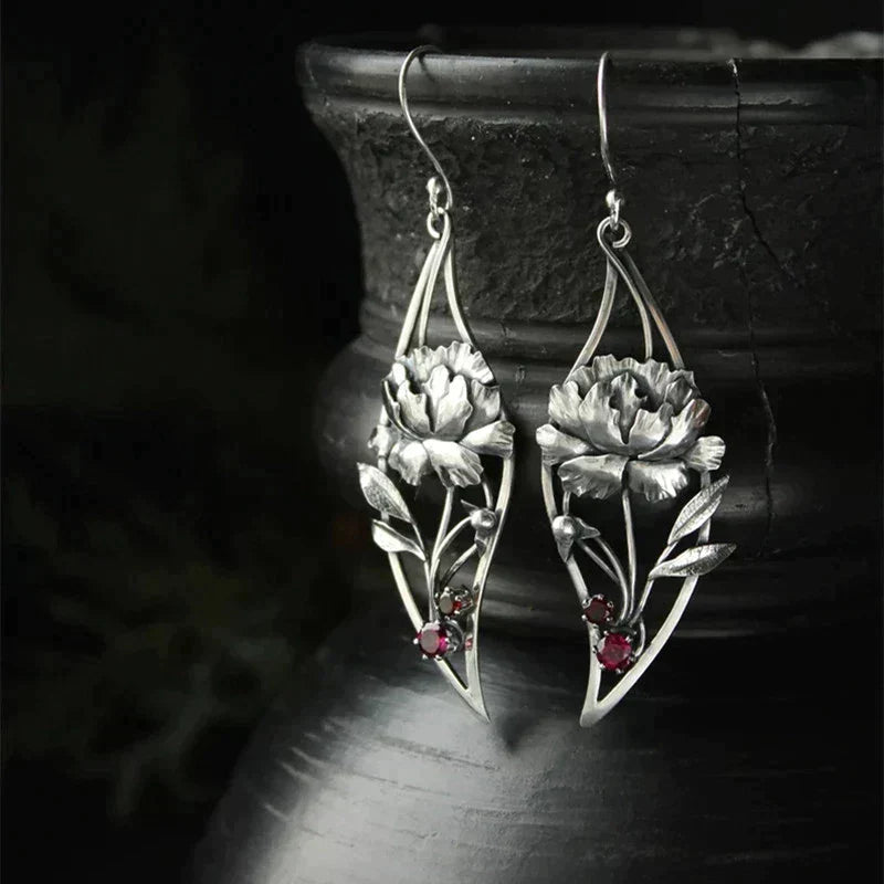 Boho Floral Earrings With Crystals In Sterling Silver