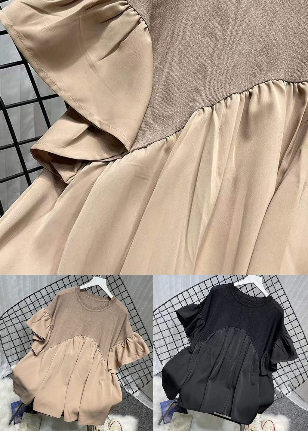 Khaki O Neck Knit Patchwork Chiffon T Shirt Summer