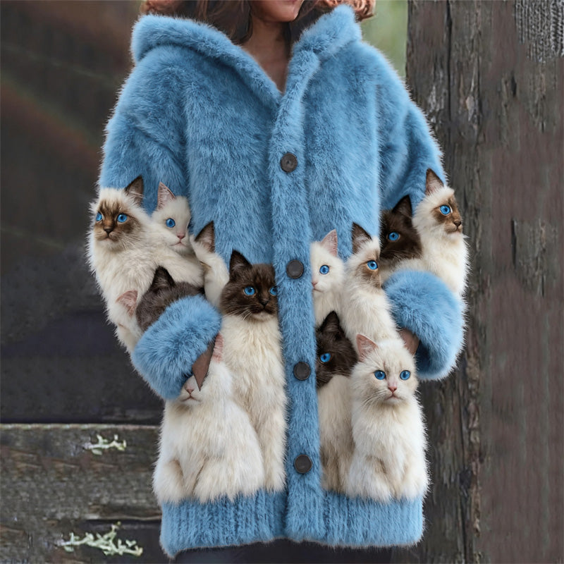 Wool Cardigan with Black and White Cats Print