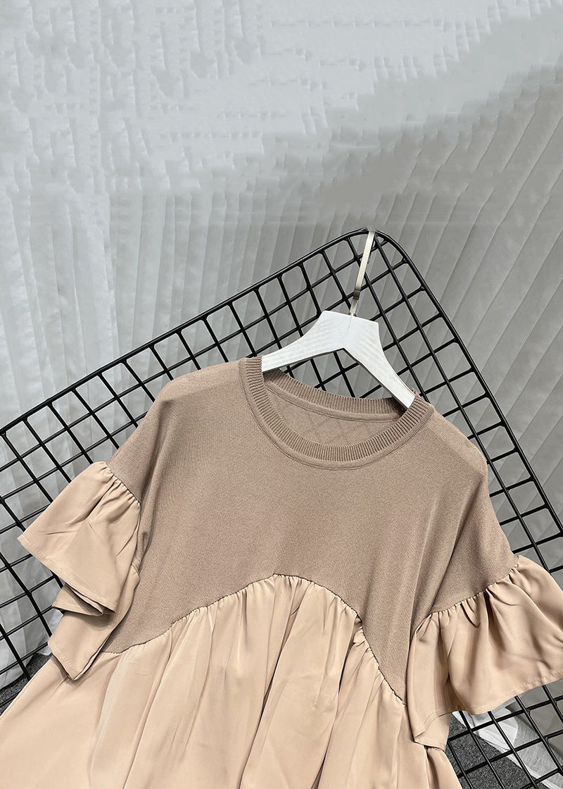 Khaki O Neck Knit Patchwork Chiffon T Shirt Summer
