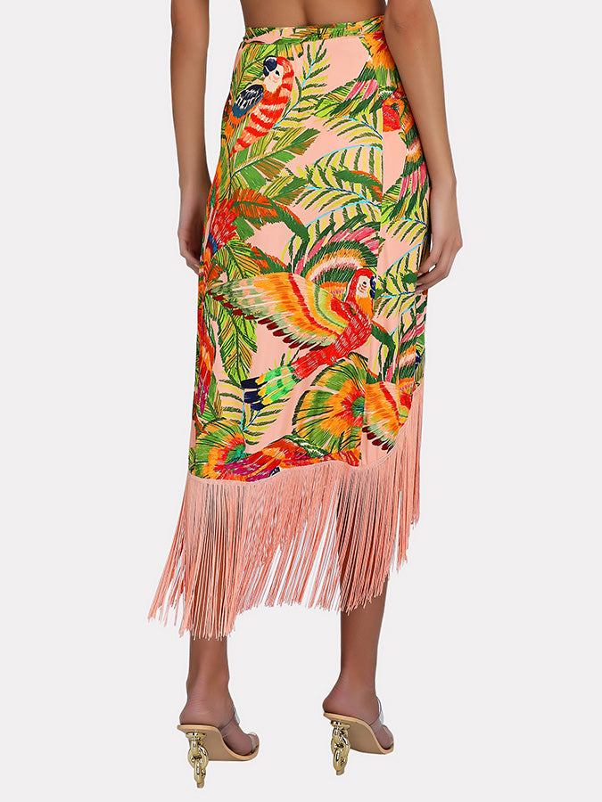 One-shoulder Embroidered Print Bikini and Fringe Skirt