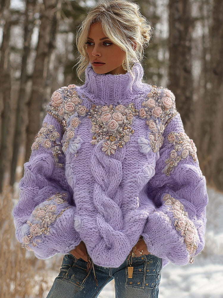 Wool Turtleneck with Cable Knit and Rose Embroidery
