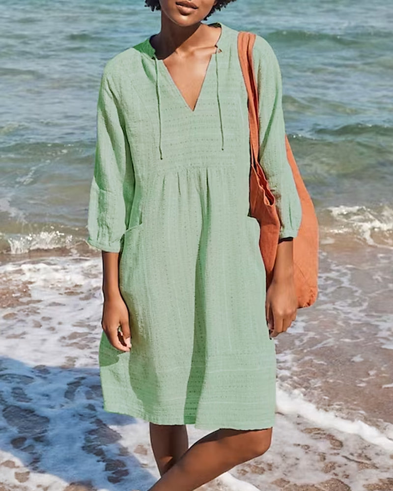 KS | A-line mini dress with V-neck, 3/4 sleeves and pockets