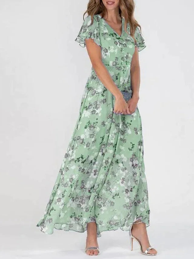 Maxi dress with ruffled sleeves and floral pattern