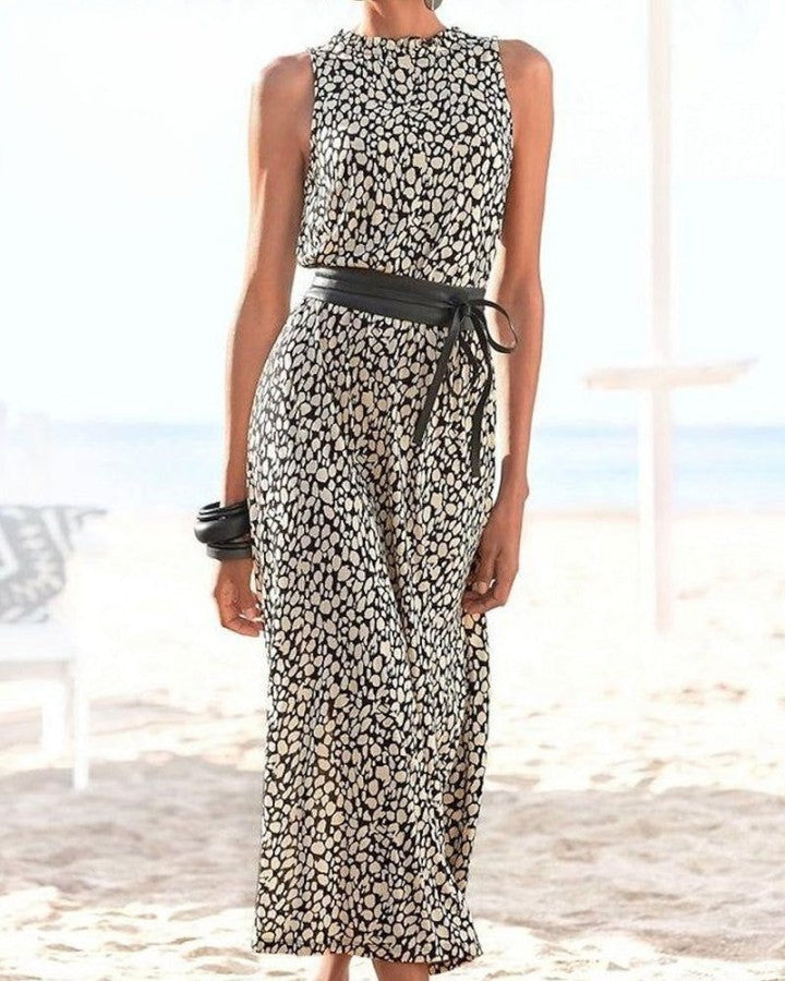 Sleeveless dress with trendy print and belt
