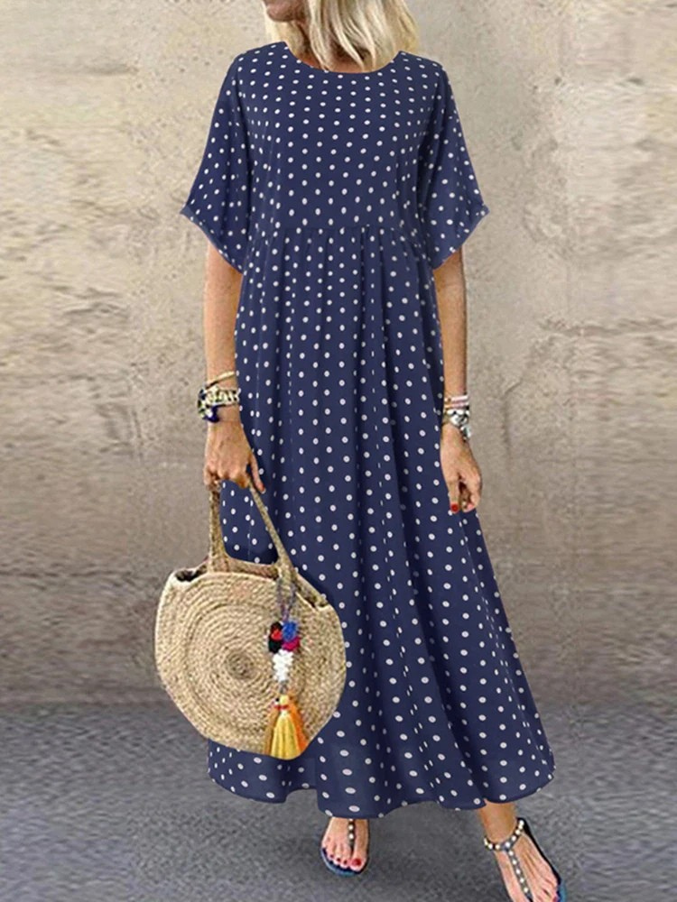 Polka Dot Women's Midi Bohemian Holiday Dress Short Sleeve O-Neck Long Vintage Casual A-Line Dress Summer Vestidos