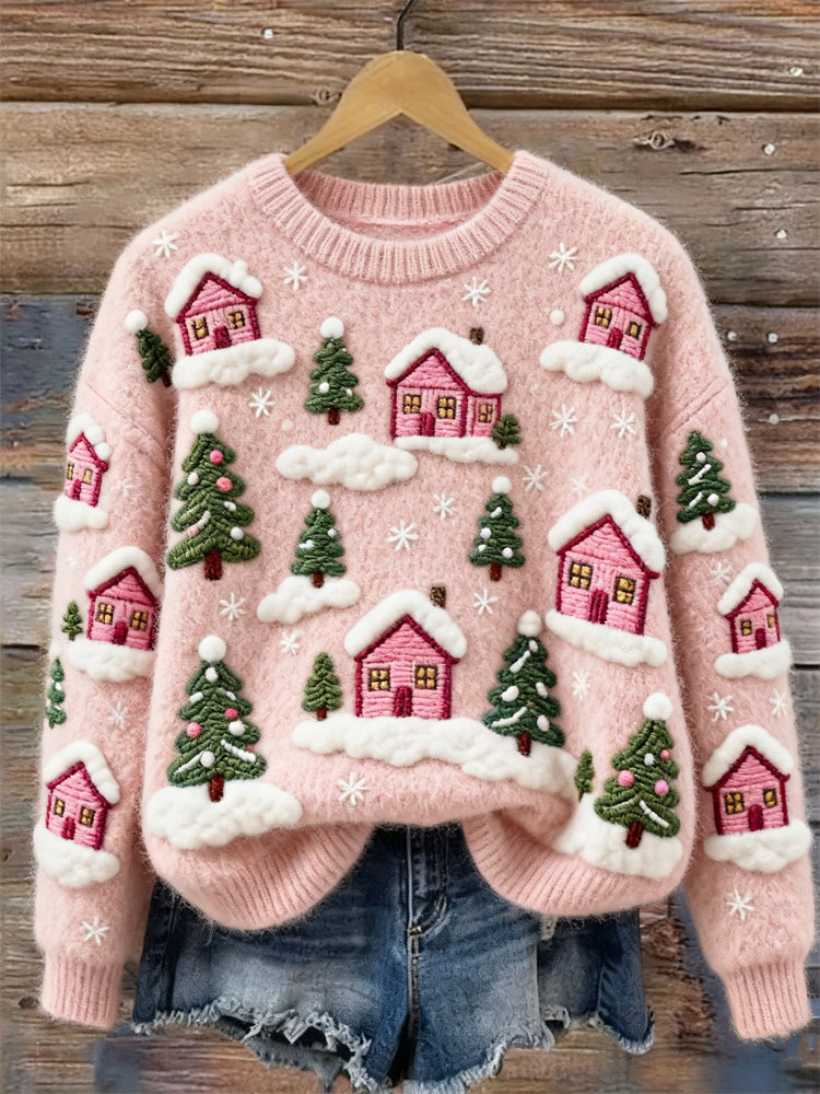 Cotton Sweater with Pink Village Houses and Evergreen Trees