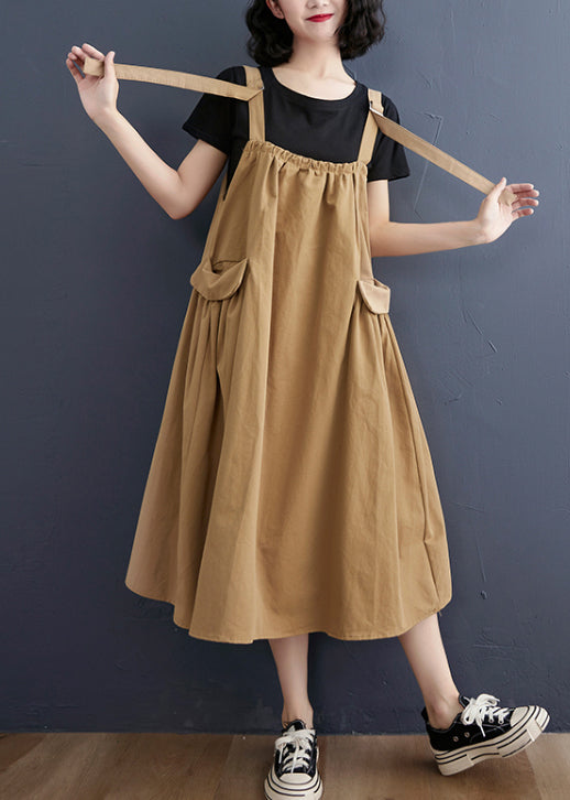 Khaki Wrinkled Pockets Strap Dress Summer