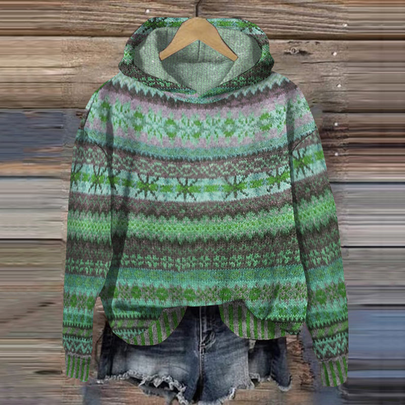 Cotton Hoodie with Multi-Colored Fair Isle Pattern