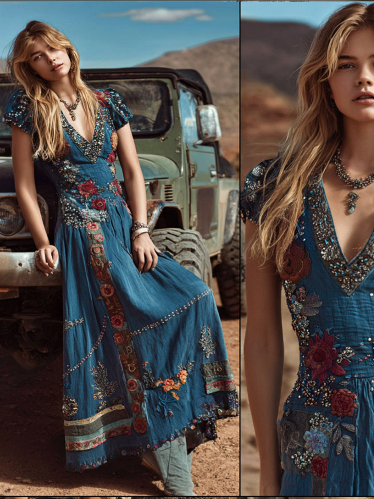 Bohemian Western Style Desert Flower Three-dimensional Embroidery Vintage Embroidery Denim Blue V-neck Short-sleeved Long Dress artswardrobe