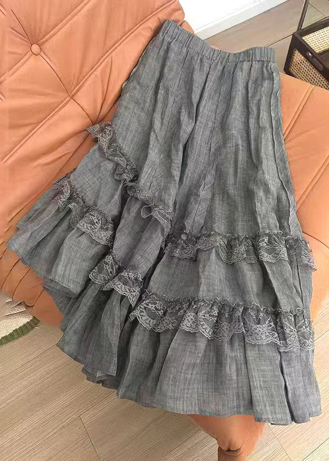 Grey Lace Elastic Waist Cotton Skirts Summer