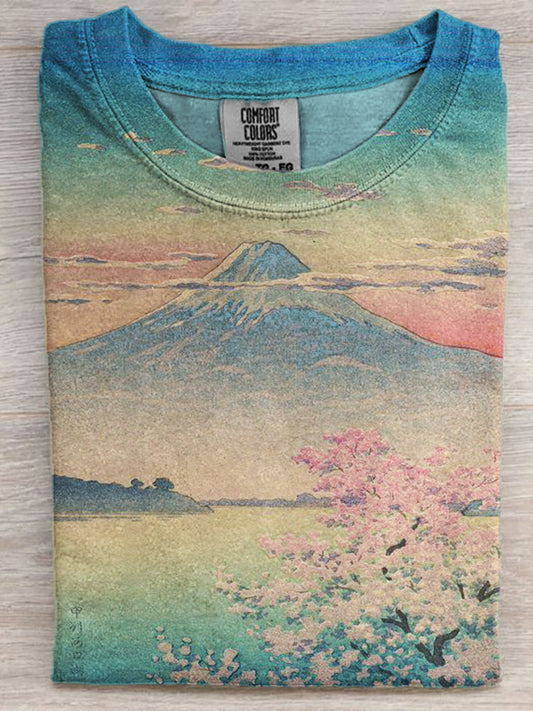 Comstylish Gradient Cherry Blossom Mount Fuji Landscape T Shirt