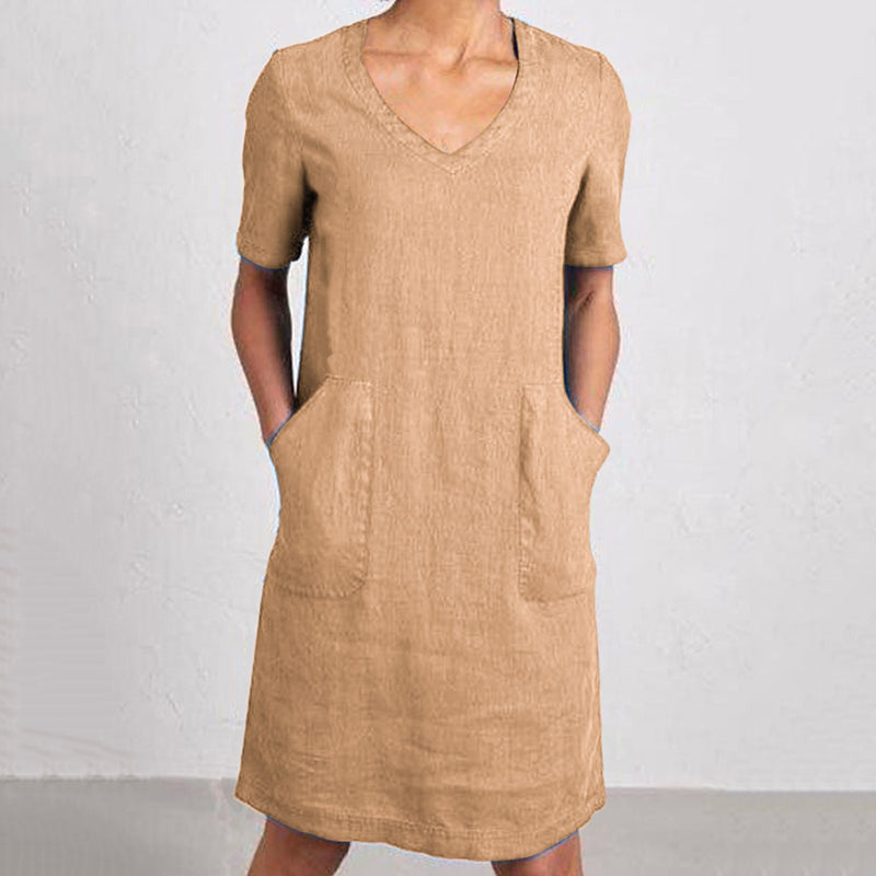 Women's Retro Solid Color Cotton And Linen V-neck Pocket Dress artswardrobe