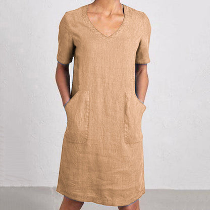 Women's Retro Solid Color Cotton And Linen V-neck Pocket Dress artswardrobe