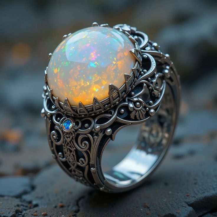 Exotic Rounded White Opal Silver Ring