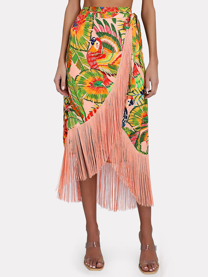 One-shoulder Embroidered Print Bikini and Fringe Skirt