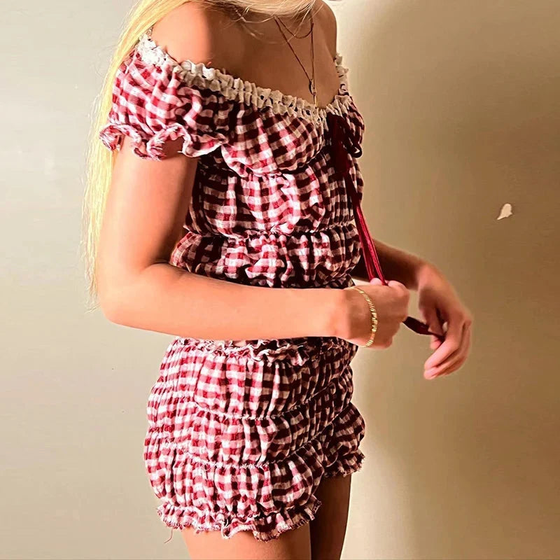2000s Retro 2 Piece Set Cottage Lounge Ruched Off Shoulder T-shirt Crop Tops + Shorts Kawaii Pajamas Y2k Outfits