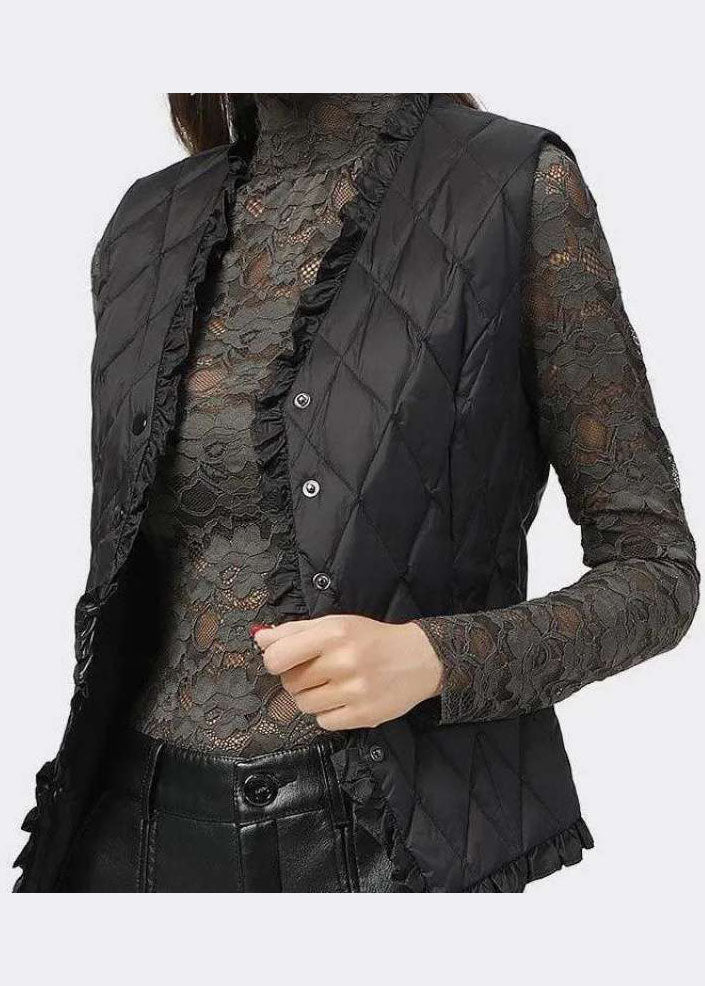 Black Button Ruffled V Neck Fine Cotton Filled Vest Spring