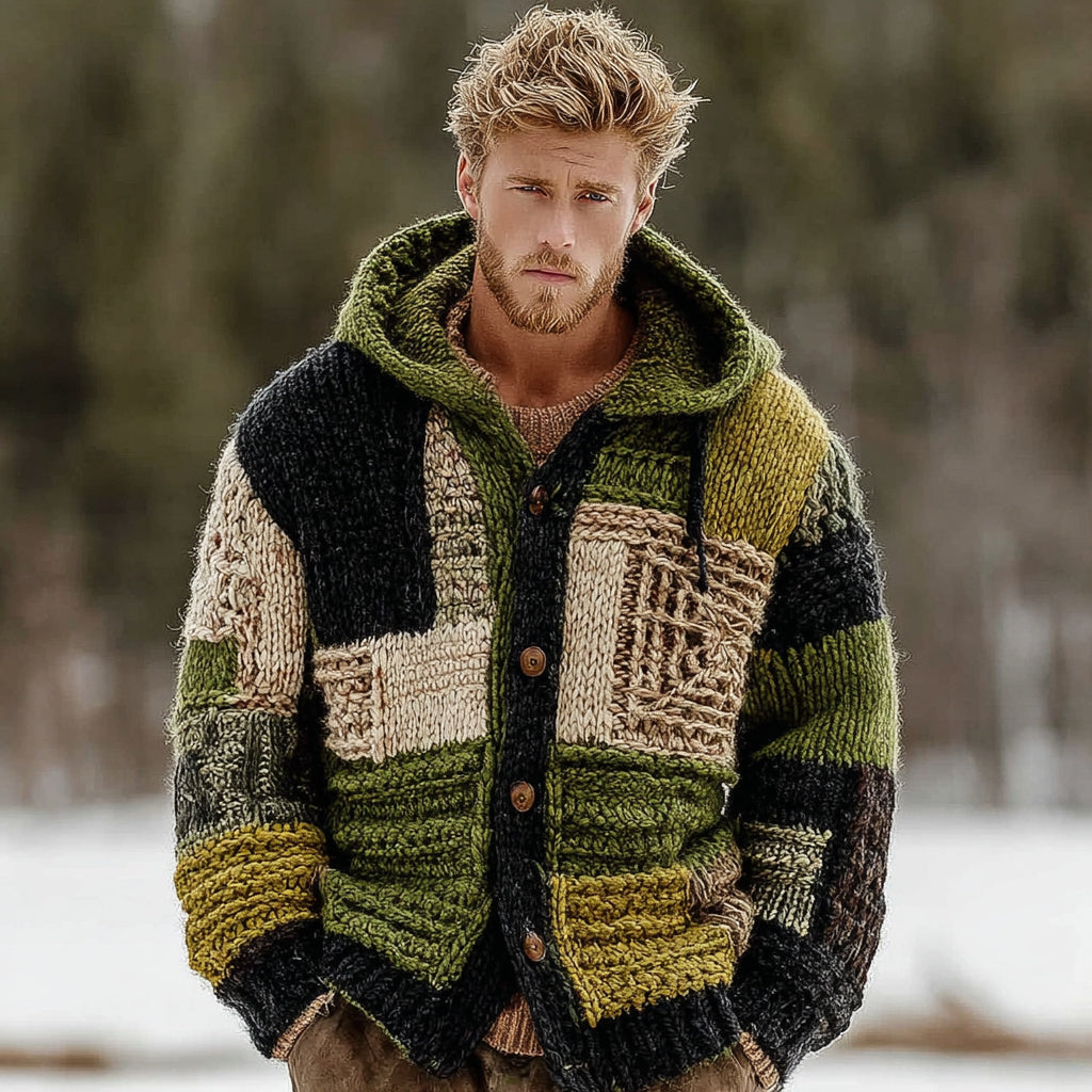 Men's Vintage Geometric Block Jacquard Thick Warm Hooded Sweater Cardigan artswardrobe