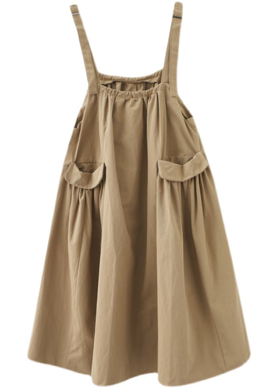 Khaki Wrinkled Pockets Strap Dress Summer