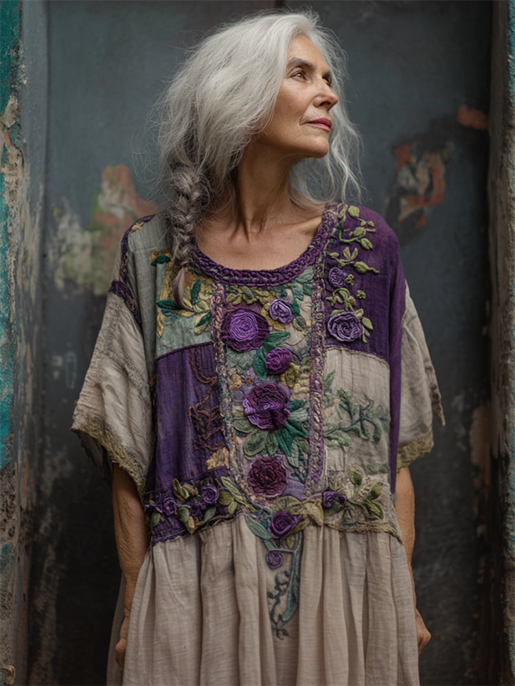 Vintage Cottagecore Purple Roses Embroidered Patchwork Linen Maxi Dress artswardrobe