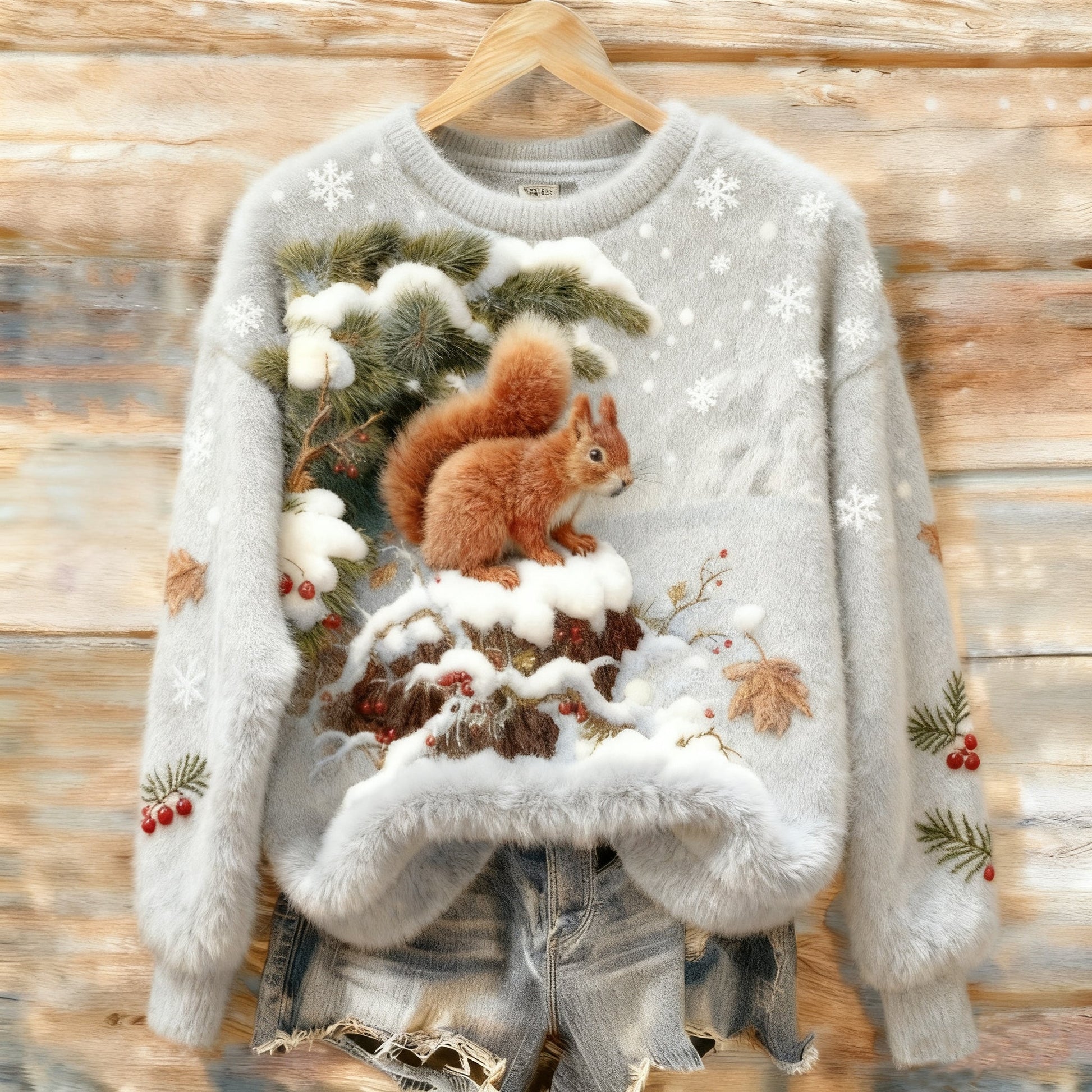 Vintage Christmas Squirrel Snow Scene Art Women's Cozy Plush Sweater