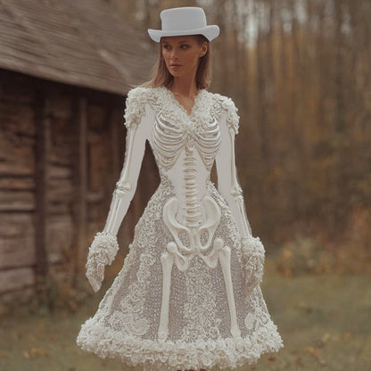 Comstylish Women's Halloween Skeleton And Rose Lace V-neck Dress