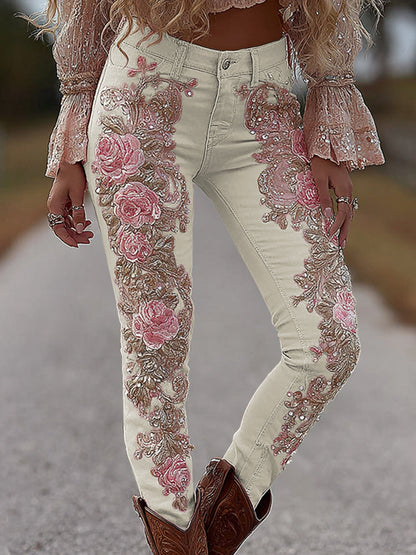 Women's Vintage Rose Floral Embroidery Art Loose Jeans artswardrobe