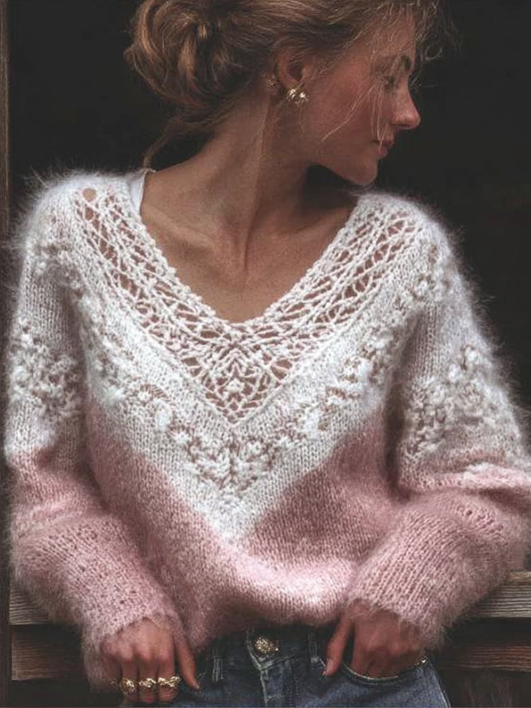Wool Pullover with Lace V-Neck and Rose Accents