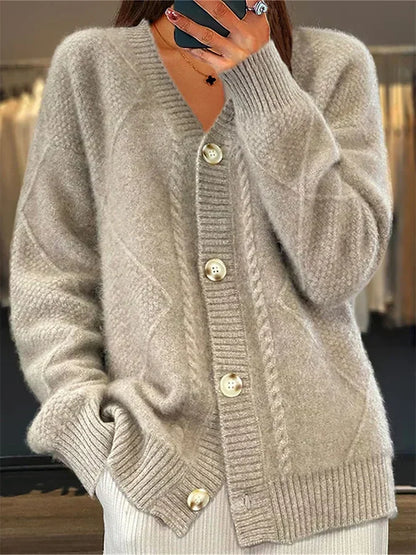 Cashmere Blend Cardigan with Delicate Cable Trim and Button Front